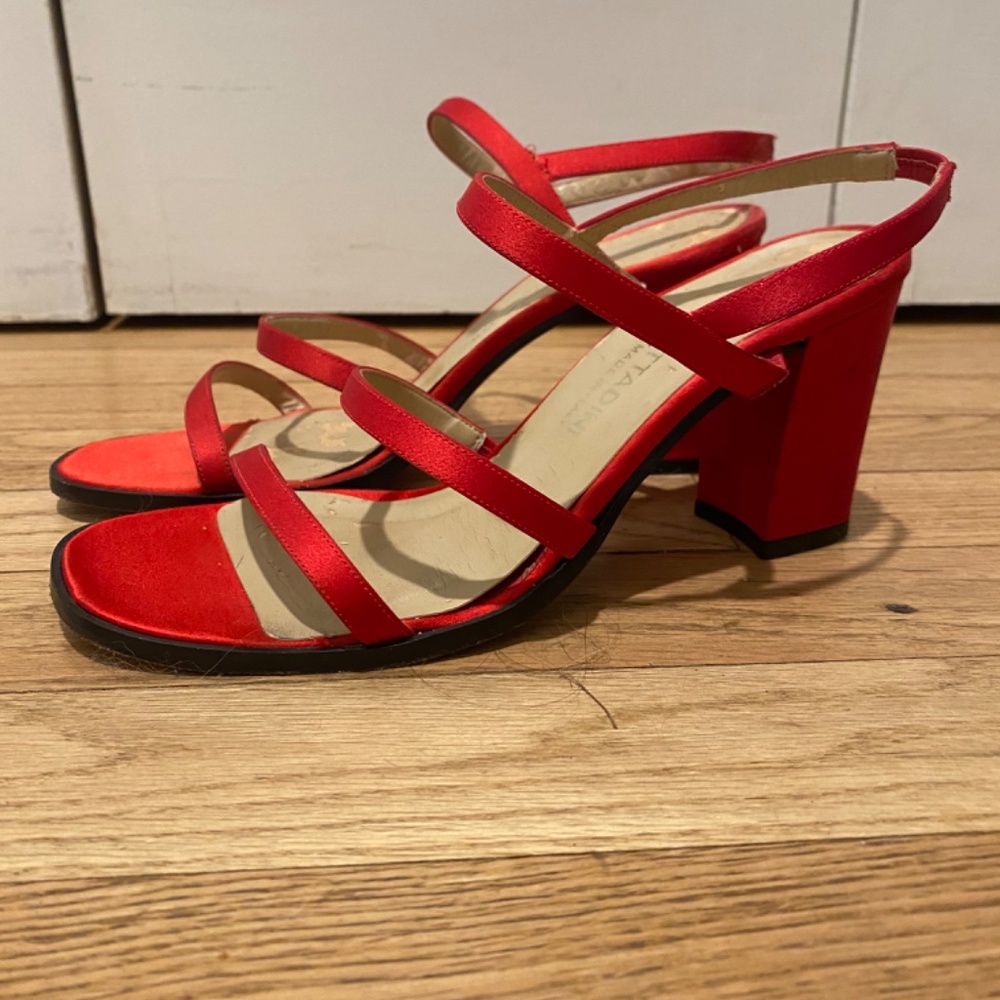 Adrienne Vittadini Strappy Sandals, Red Satin, Size 7.5 B